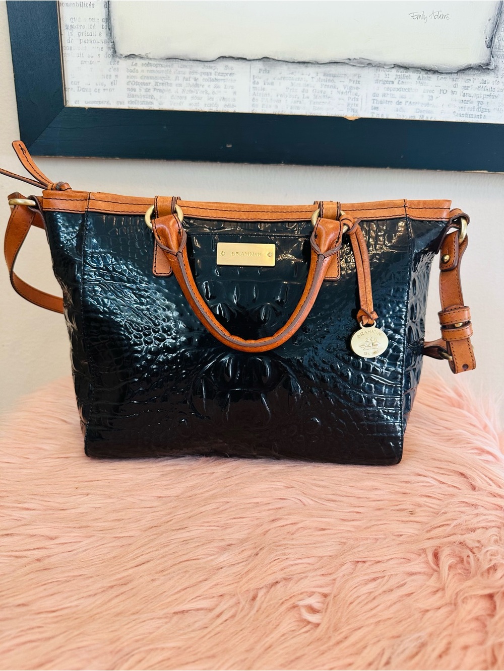 Brahmin Black Croc-Embossed Satchel with Tan Trim